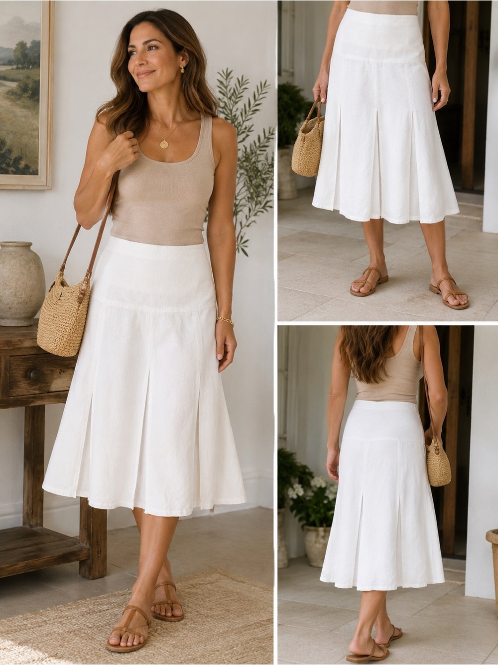 Vintage White Flared Midi Skirt by Kim Rogers Signature, 100 % linen